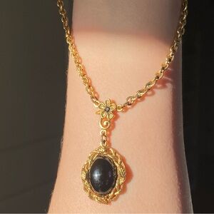 1928 COLLECTION vintage black & gold-tone pendant necklace w/ botanical details